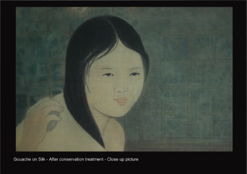 Same Gouache on Silk - After conservation - Close up picture Same Gouache on Silk - After conservation - Close up picture